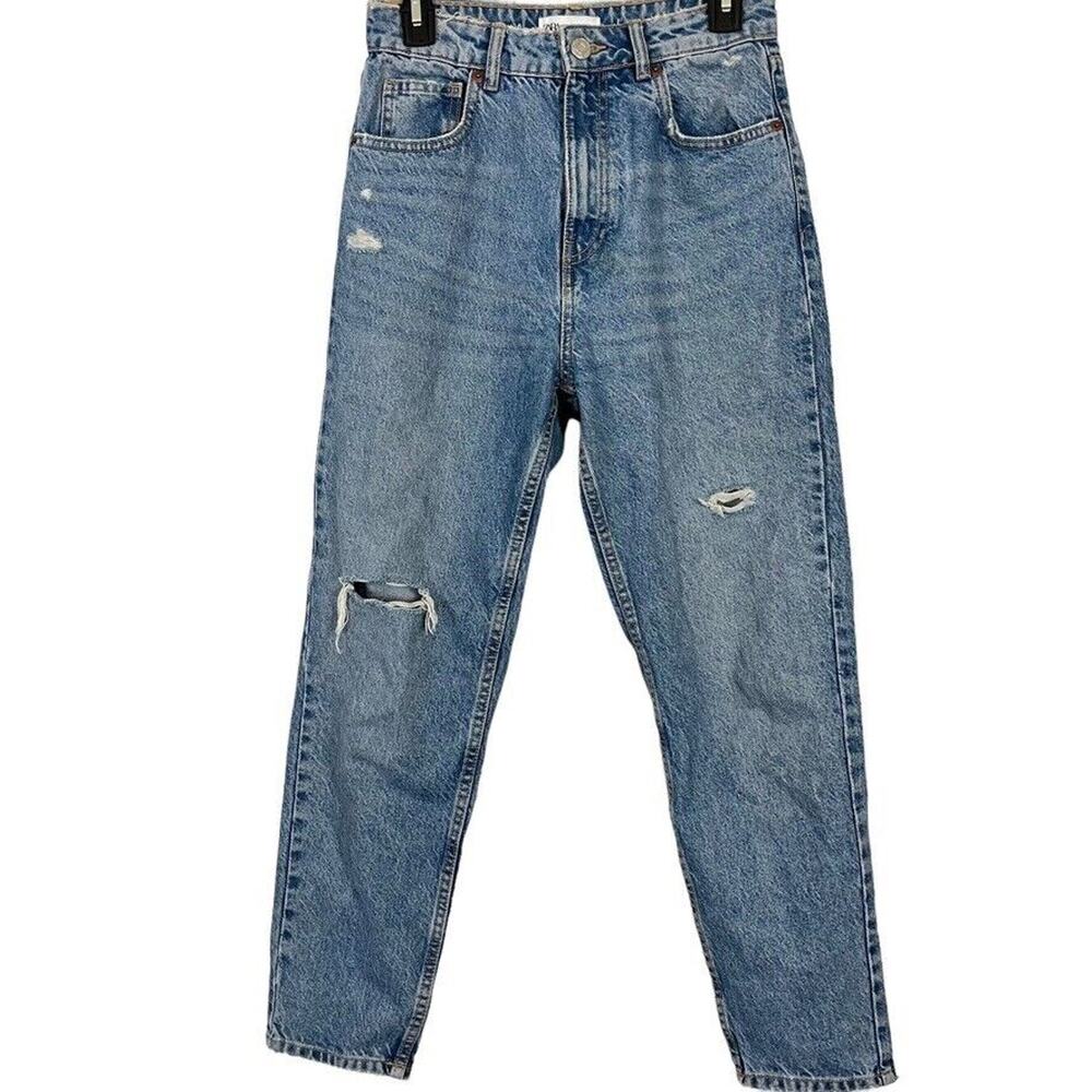 Zara Womens High Rise Distressed Medium Wash Blue Jeans Relaxed Mom Fit sz 4